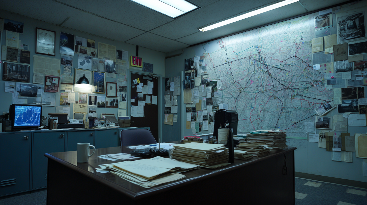 Cluttered government office with a wall-mounted city map covered in pinned photos and documents, stacks of files on the desk