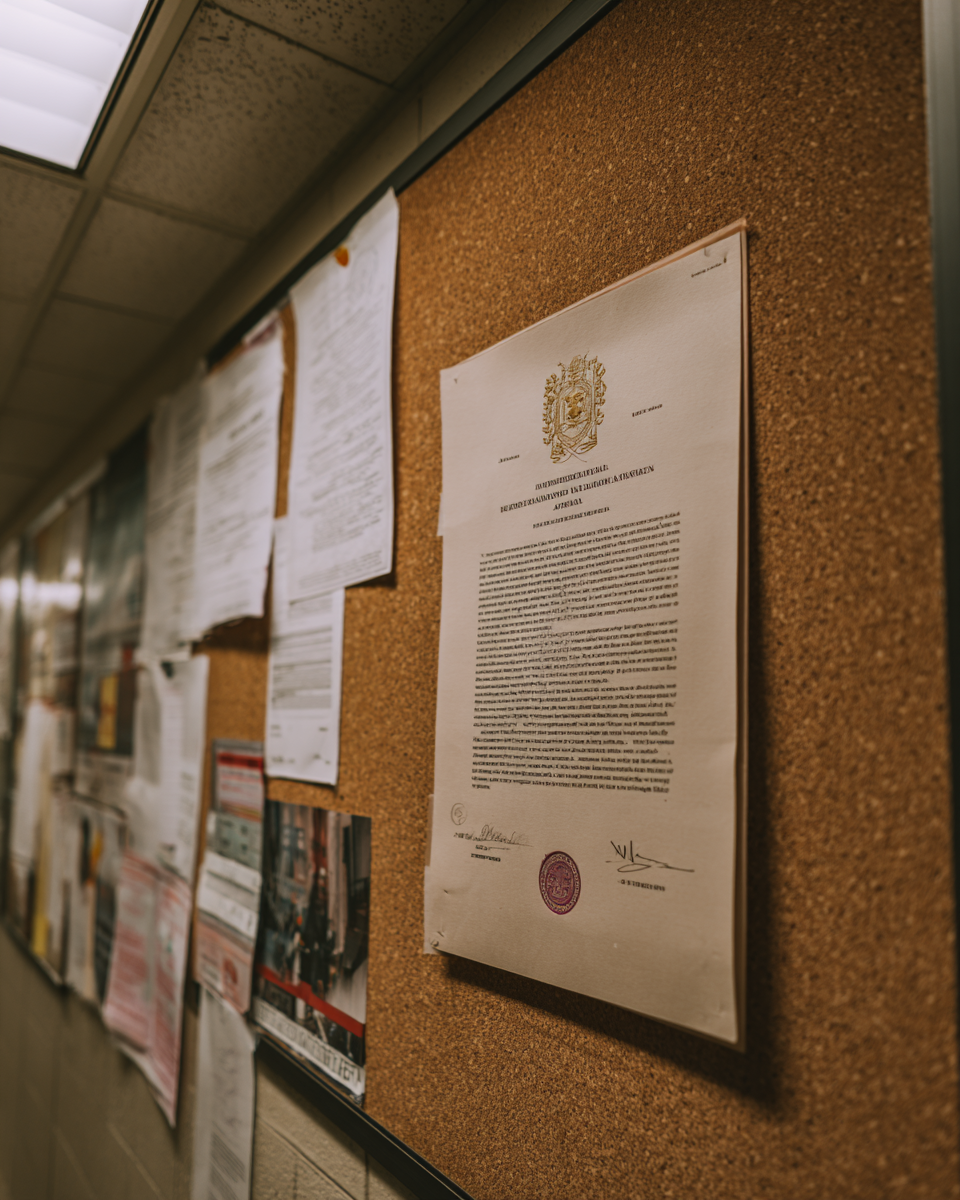 Official notice pinned to a government bulletin board